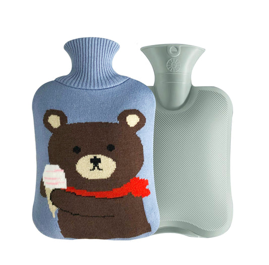 OliviaLiving Knit Bear Cover Hot Water Bottle for Kids, 2L