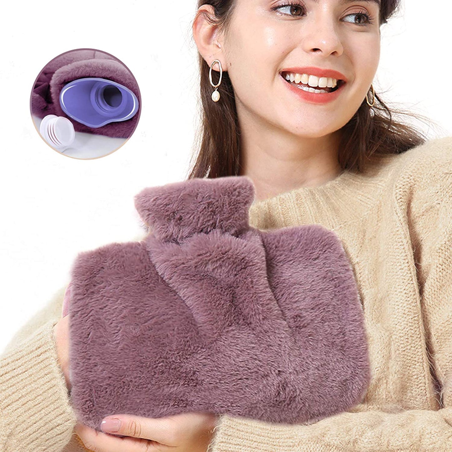OliviaLiving Hot Water Bottle with Soft Fleece Cover & Hand Pockets, 1.5L