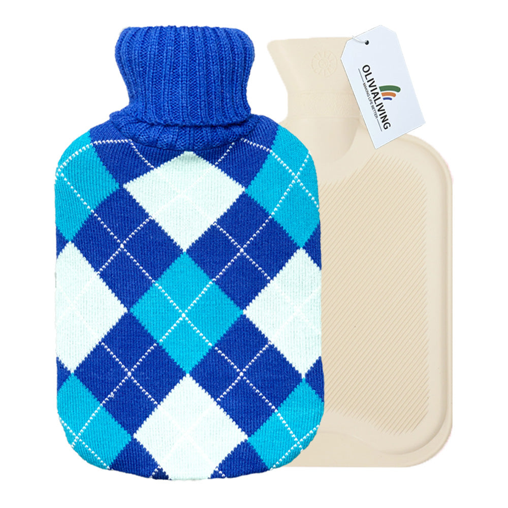 OliviaLiving Hot Water Bottle with Classic Grid Knit Cover for Pain Relief, 2L