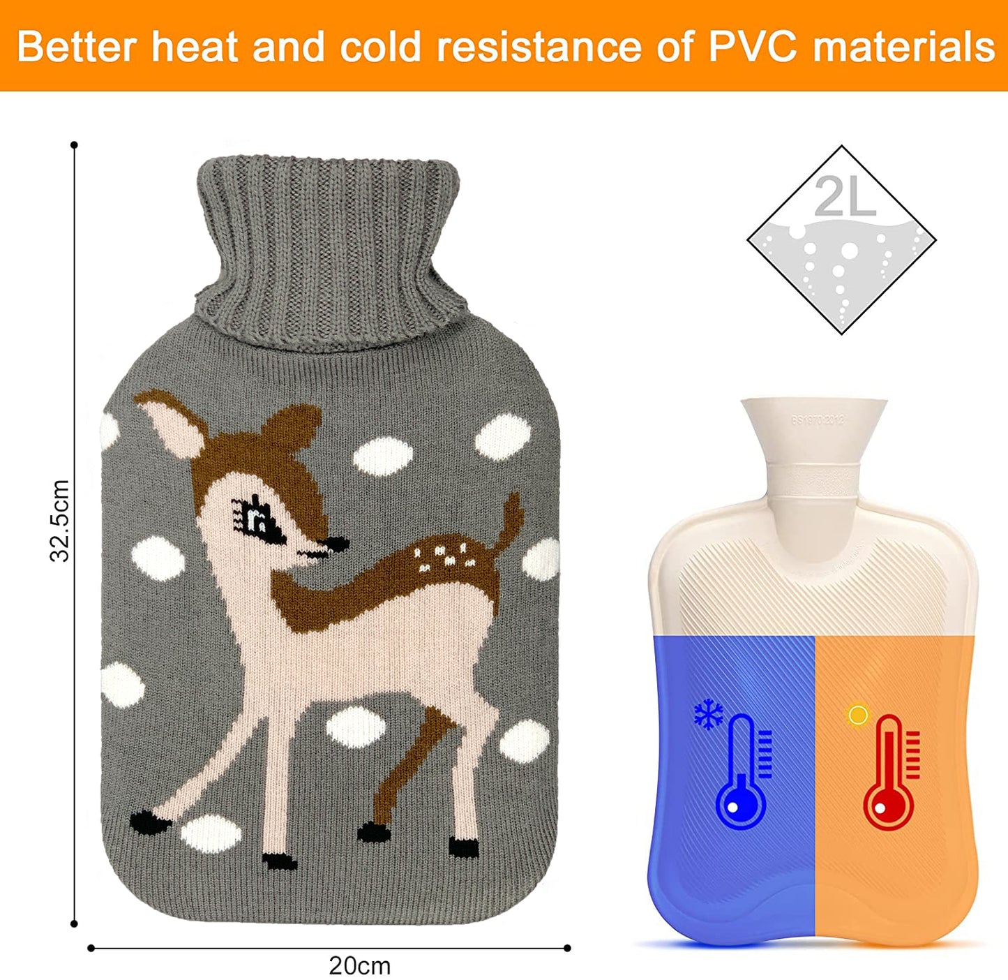 OliviaLiving Hot Water Bottle with Little Deer Cover for Winter Nights, 2L