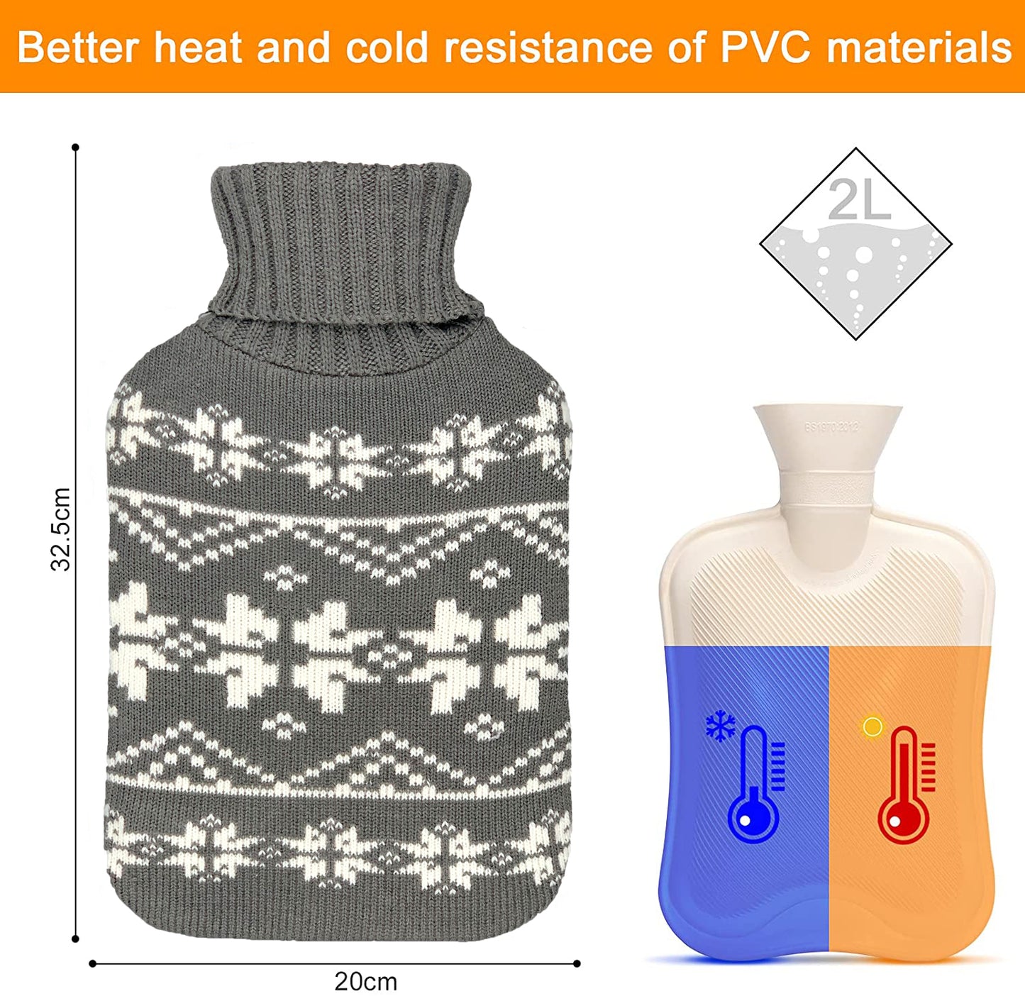 OliviaLiving Hot Water Bottle with Snowflake Knit Cover, 2L