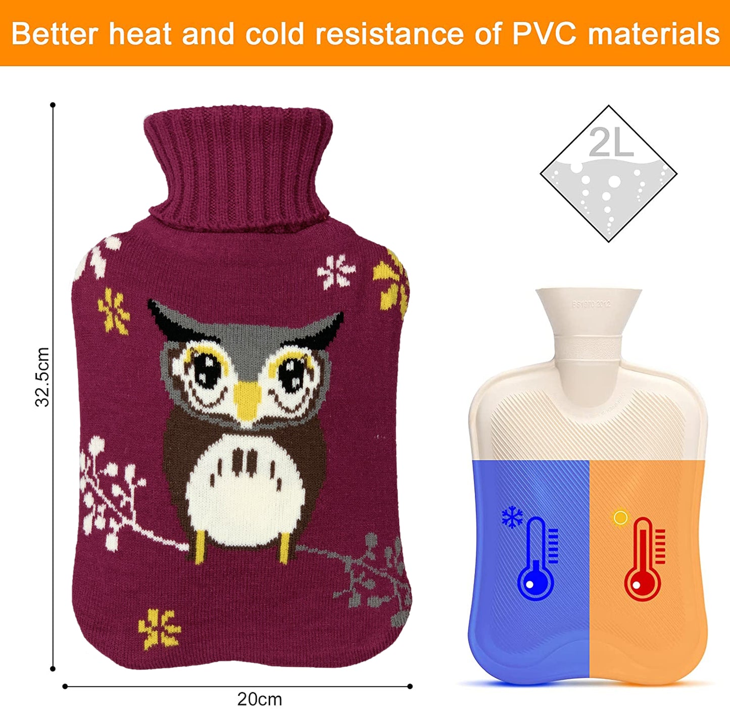 Hot Water Bottle with Purple Owl Knit Cover for Kid, 2L