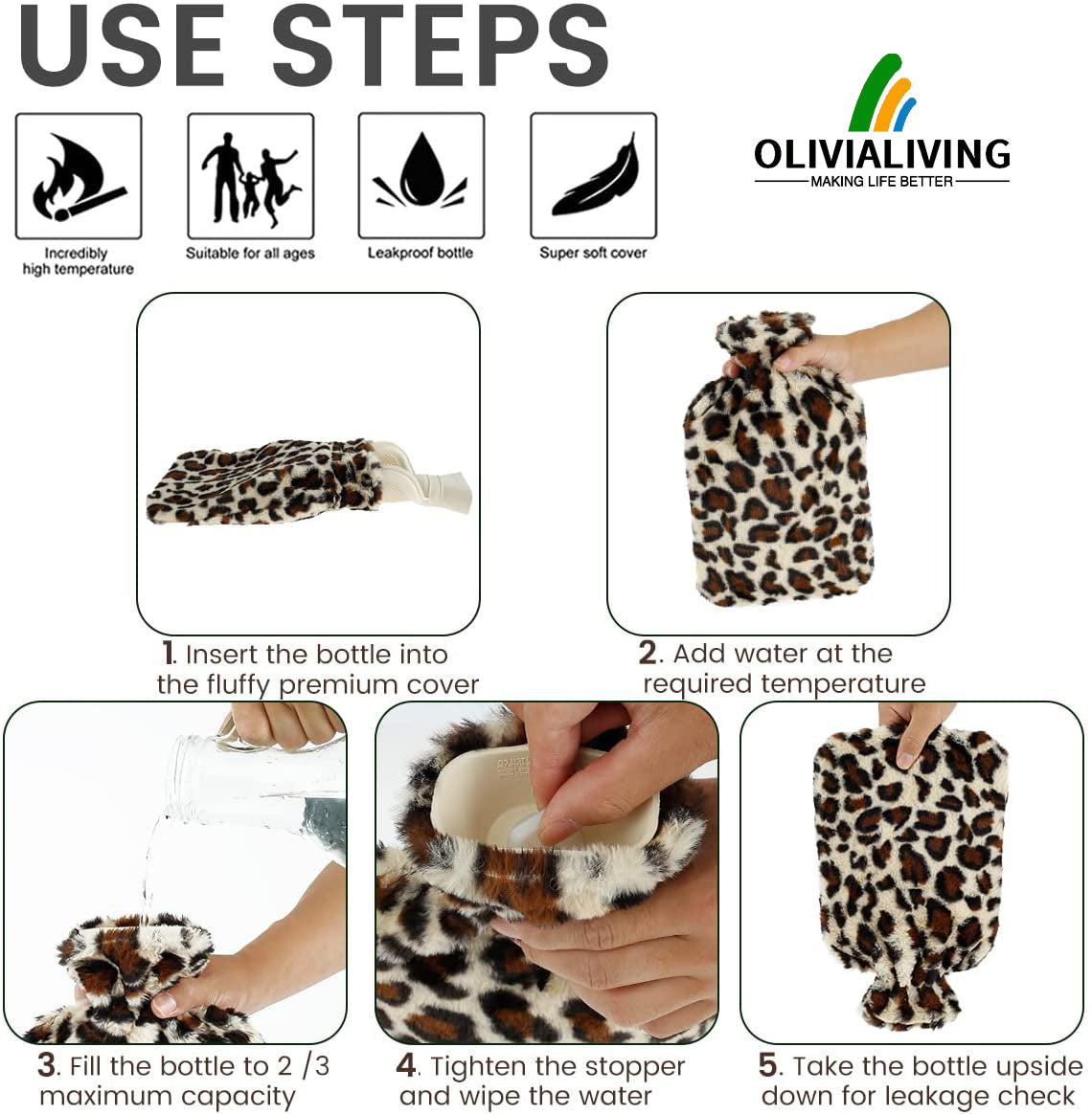 OliviaLiving Premium Hot Water Bottle with Plush Leopard Print Cover, 2L