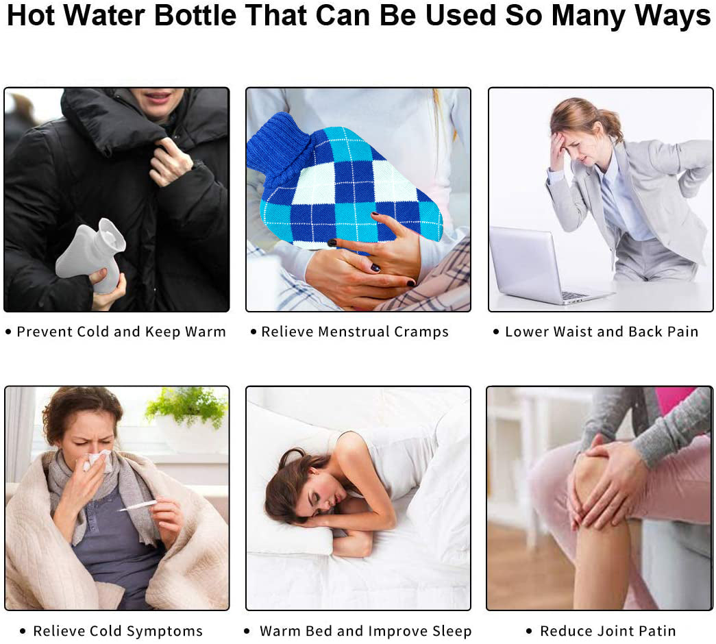 OliviaLiving Hot Water Bottle with Classic Grid Knit Cover for Pain Relief, 2L