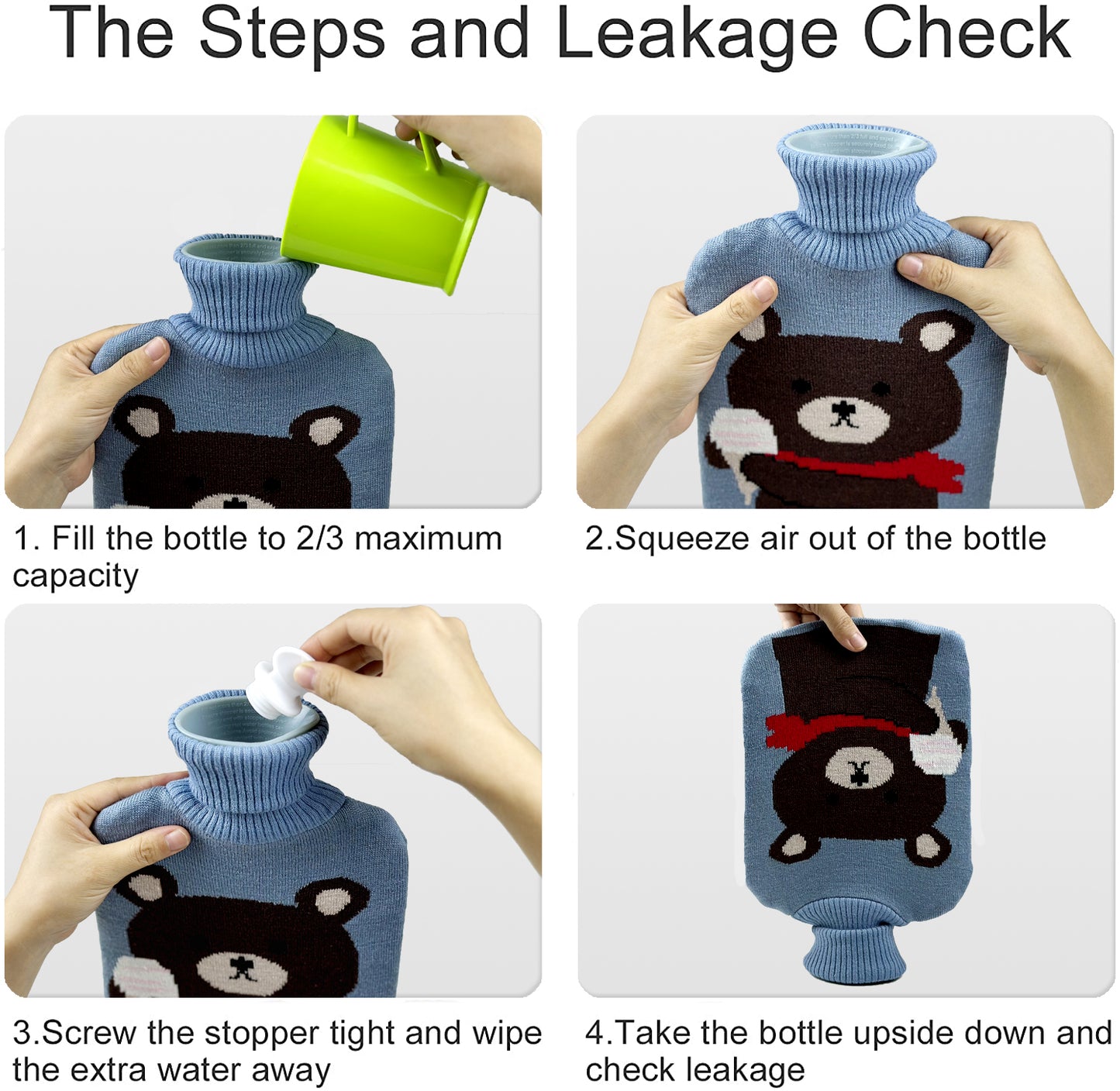 OliviaLiving Knit Bear Cover Hot Water Bottle for Kids, 2L