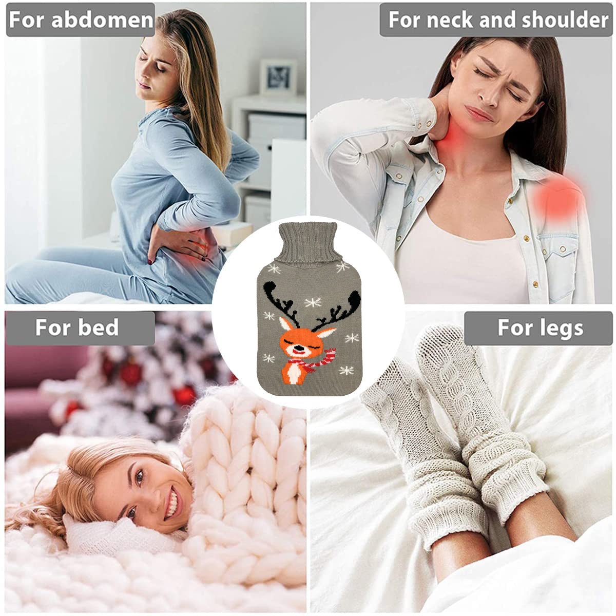 OliviaLiving Hot Water Bottle with Christmas Deer Cover for Kids, 2L