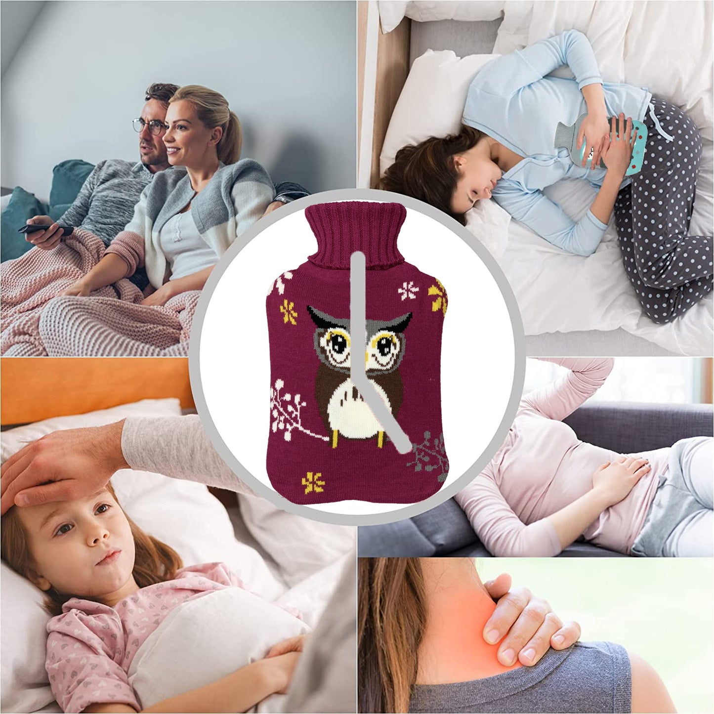 Hot Water Bottle with Purple Owl Knit Cover for Kid, 2L