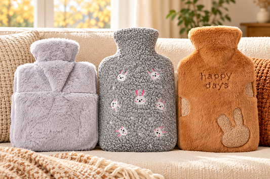 OliviaLiving fleece, flannel and faux rabbit fur covered hot water bottles shown side by side