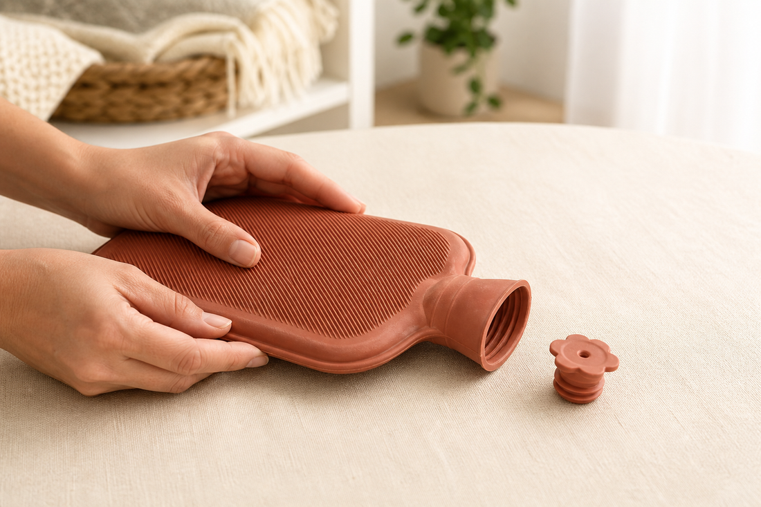 Adult inspecting an empty hot water bottle and stopper before use