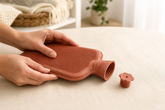 Adult inspecting an empty hot water bottle and stopper before use