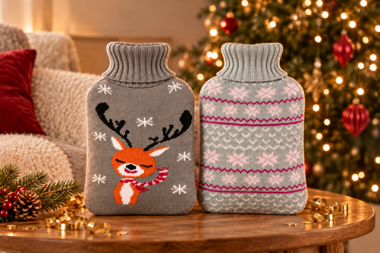 Illustrative festive scene featuring OliviaLiving Christmas Deer and Classic Snowflake knitted hot water bottle covers, with bottle openings not shown