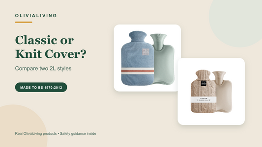 OliviaLiving Classic striped and cable-knit cover 2L hot water bottles compared side by side