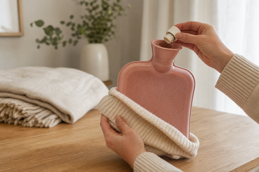 Adult inspecting a hot water bottle body, neck and stopper before use