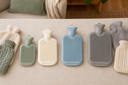 Four empty hot water bottles arranged from smallest to largest for a size comparison