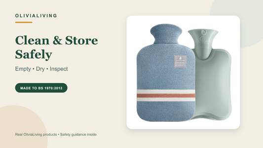 OliviaLiving Classic 2L hot water bottle and removable striped cover for the cleaning and storage guide