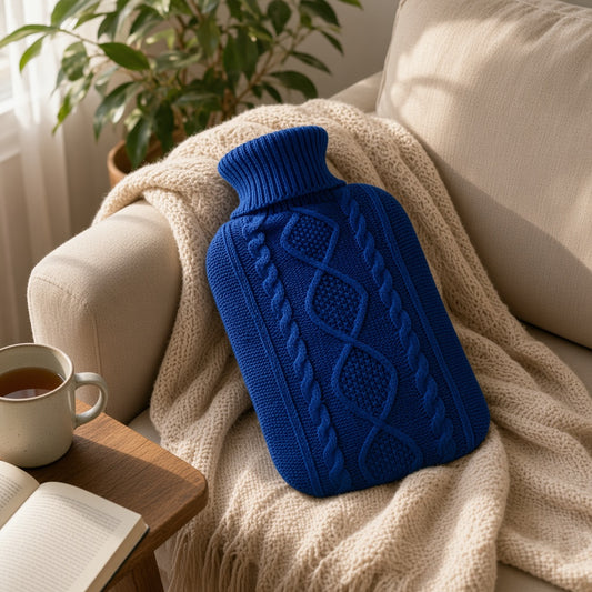 Navy Classic Knit Cover 2L hot water bottle on a sofa beside a book and tea