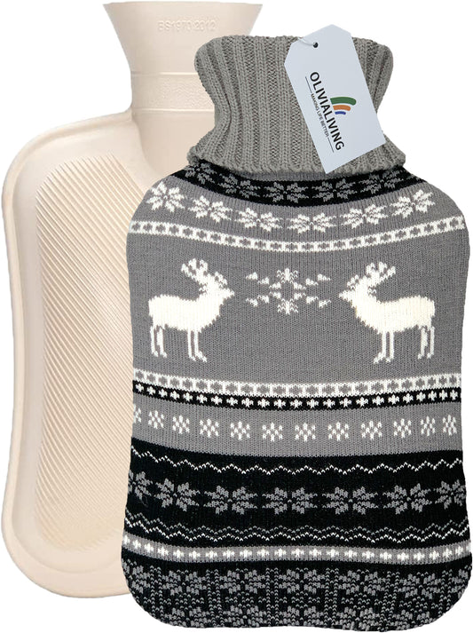 2L Hot Water Bottle with Nordic Deer Knit Cover