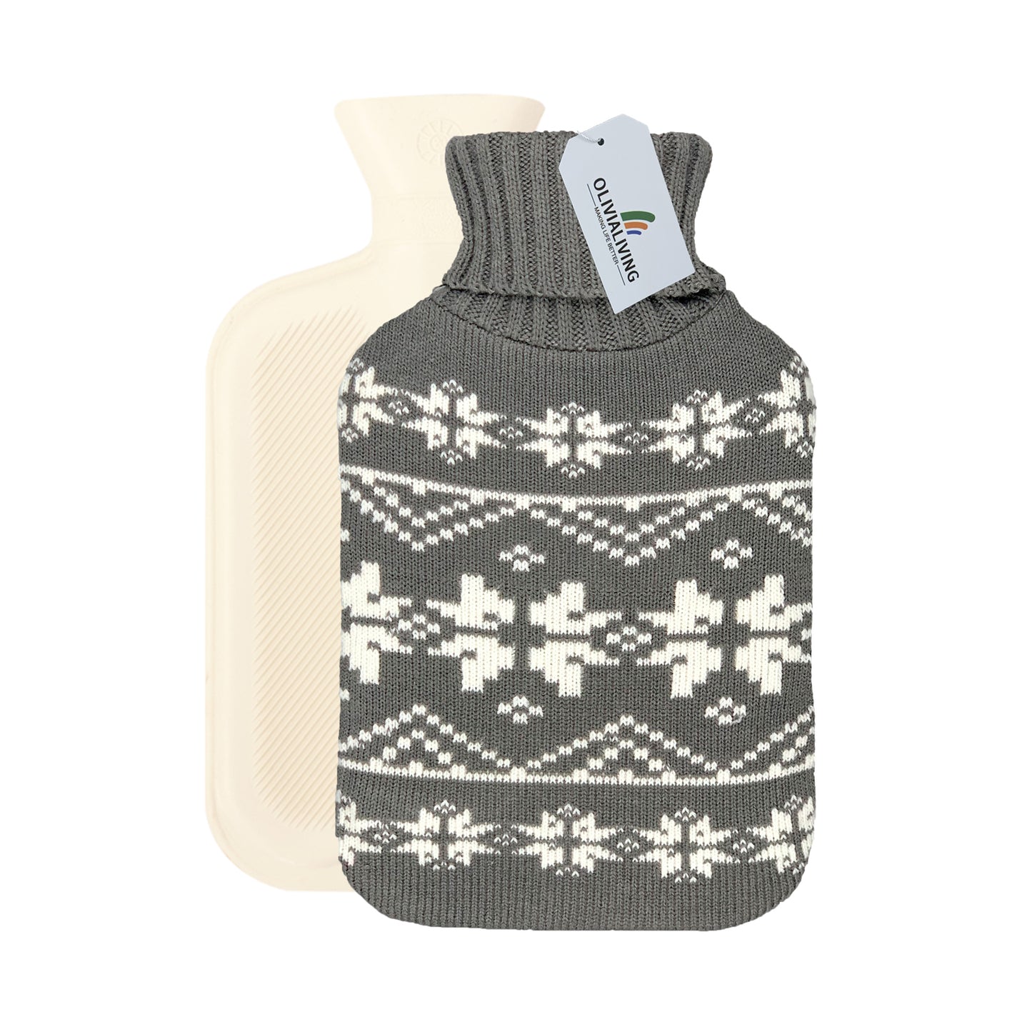 OliviaLiving Hot Water Bottle with Snowflake Knit Cover, 2L