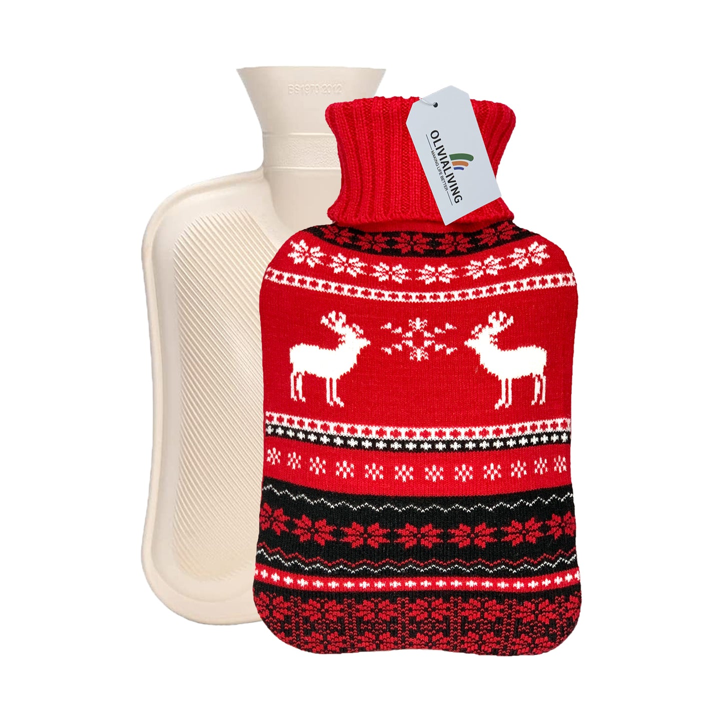 OliviaLiving Hot Water Bottle with Nordic Deer Knit Cover for Winter Nights, 2L