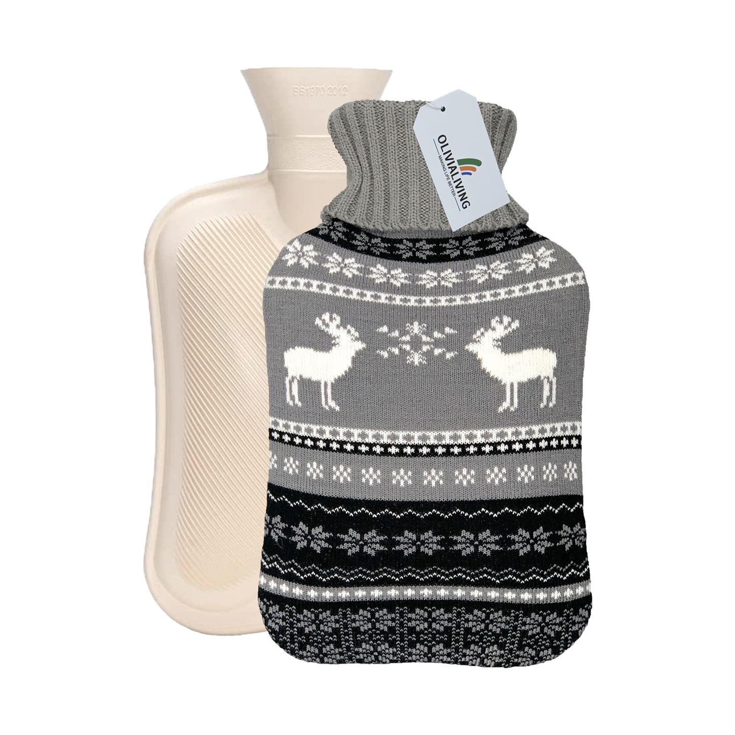 OliviaLiving Hot Water Bottle with Nordic Deer Knit Cover for Winter Nights, 2L