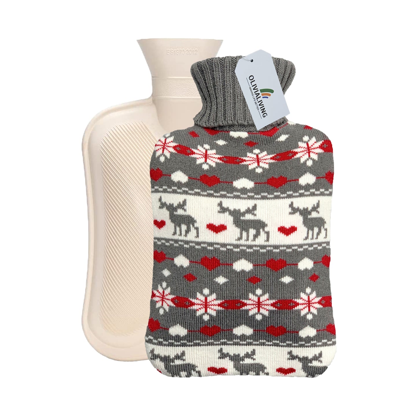 OliviaLiving Hot Water Bottle with Nordic Reindeer Cover for Winter Nights, 2L