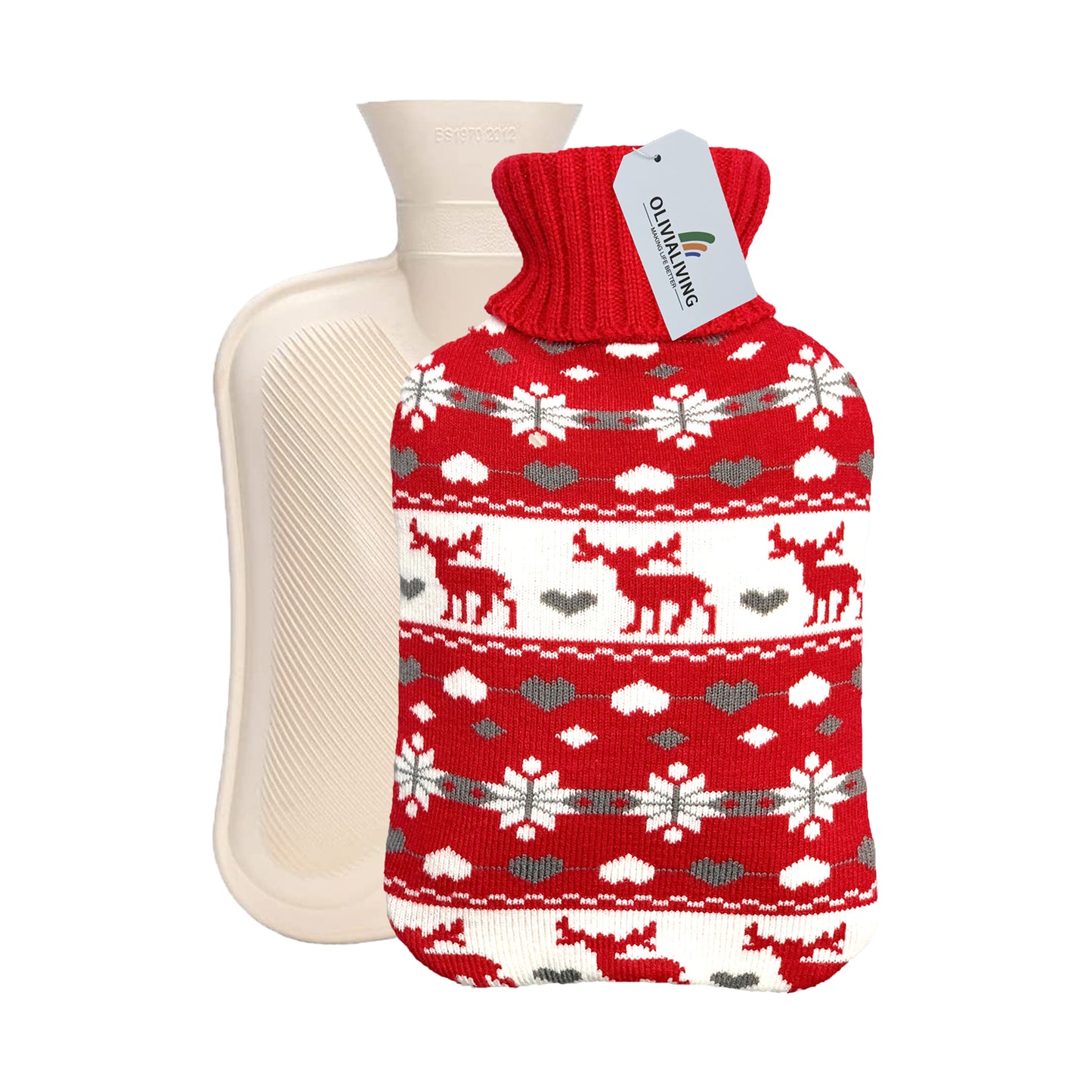 OliviaLiving Hot Water Bottle with Nordic Reindeer Cover for Winter Nights, 2L