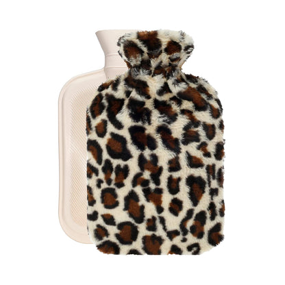 OliviaLiving 2L hot water bottle with Plush Leopard cover
