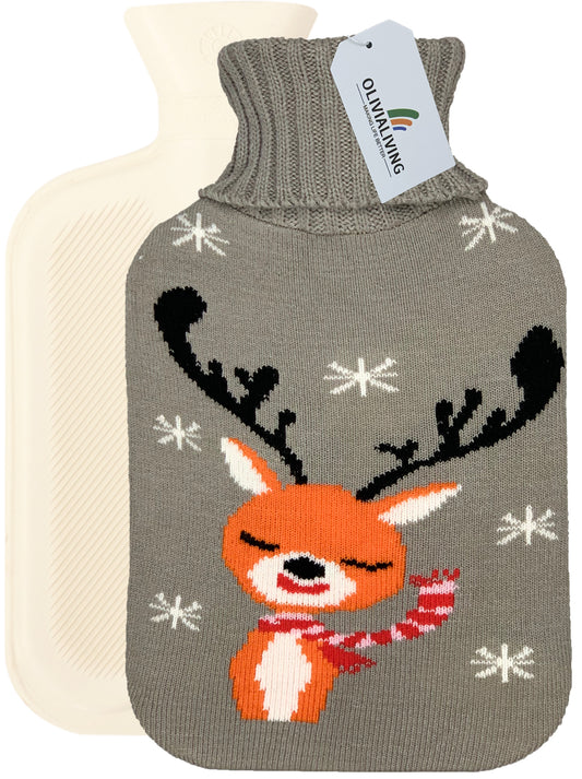 2L Hot Water Bottle with Christmas Deer Knit Cover