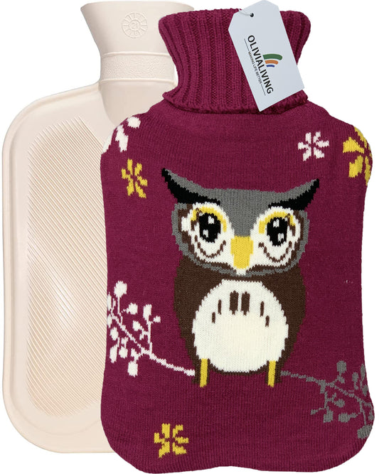 2L Hot Water Bottle with Purple Owl Knit Cover