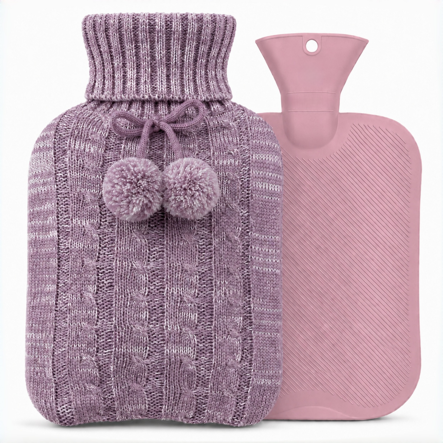 Pink Red OliviaLiving 2L hot water bottle with pom-pom knit cover shown beside the pink bottle