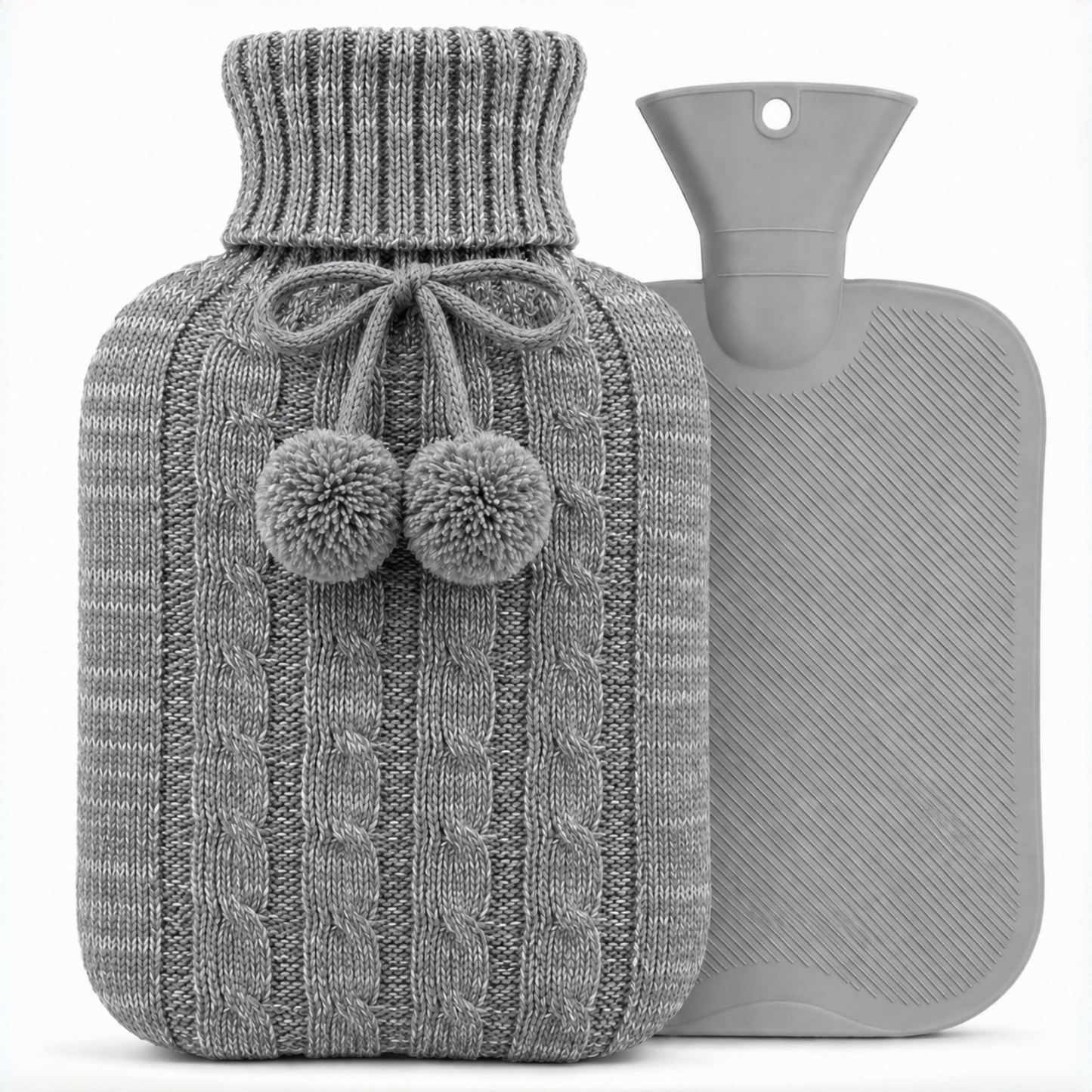 Light Grey OliviaLiving 2L hot water bottle with pom-pom knit cover shown beside the grey bottle