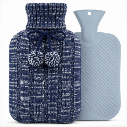 OliviaLiving 2L hot water bottle with soft pom-pom knit cover