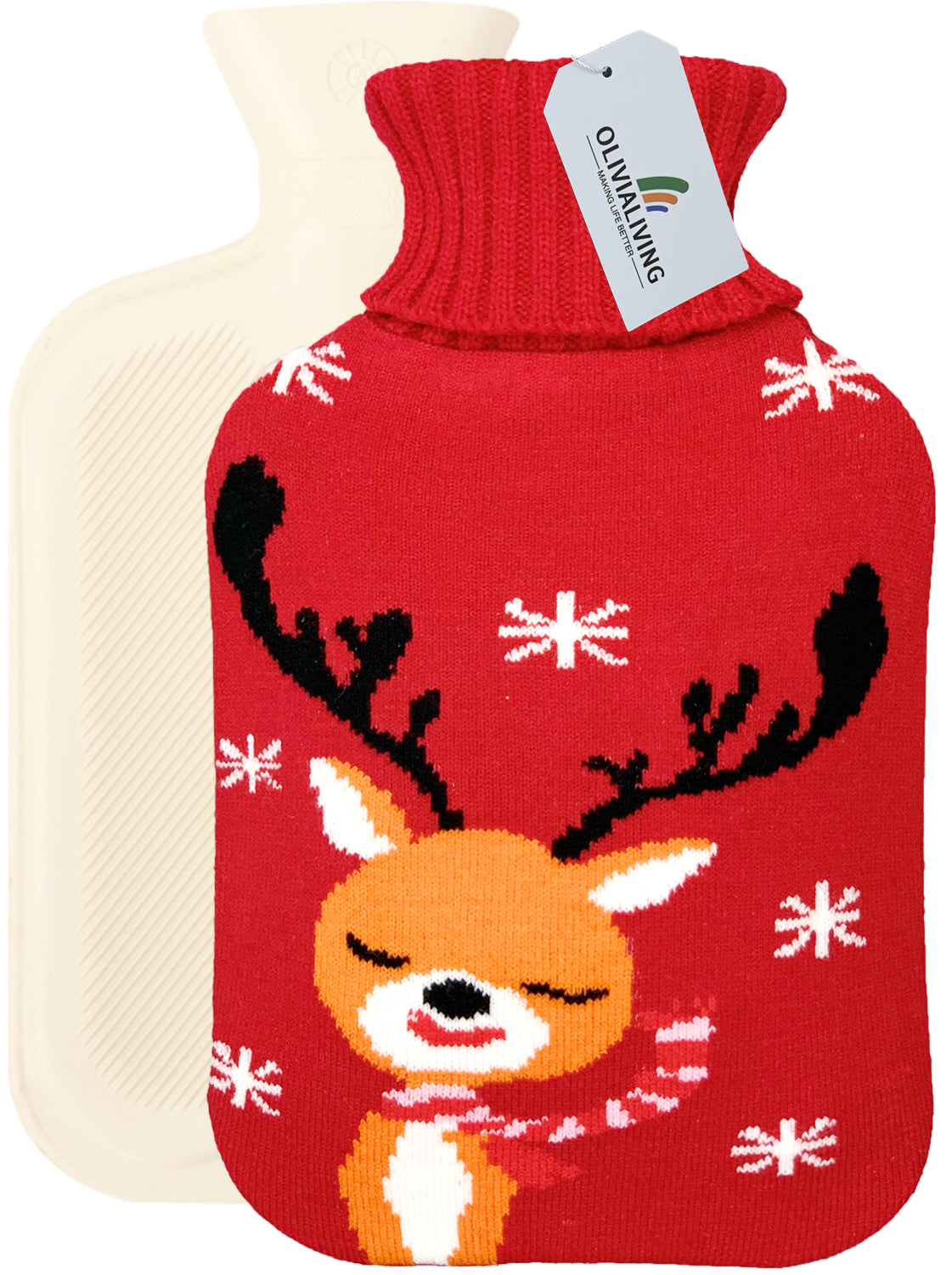 2L Hot Water Bottle with Christmas Deer Knit Cover