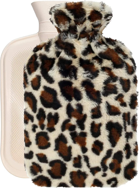 2L Hot Water Bottle with Plush Leopard Print Cover