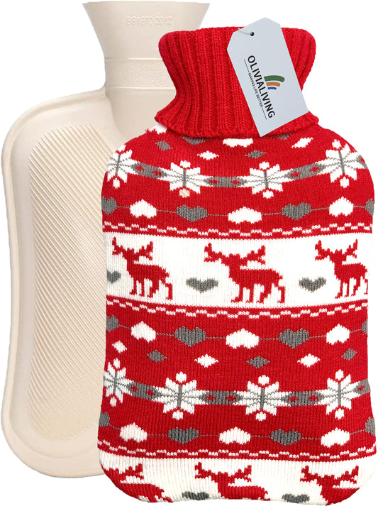 2L Hot Water Bottle with Nordic Reindeer Knit Cover