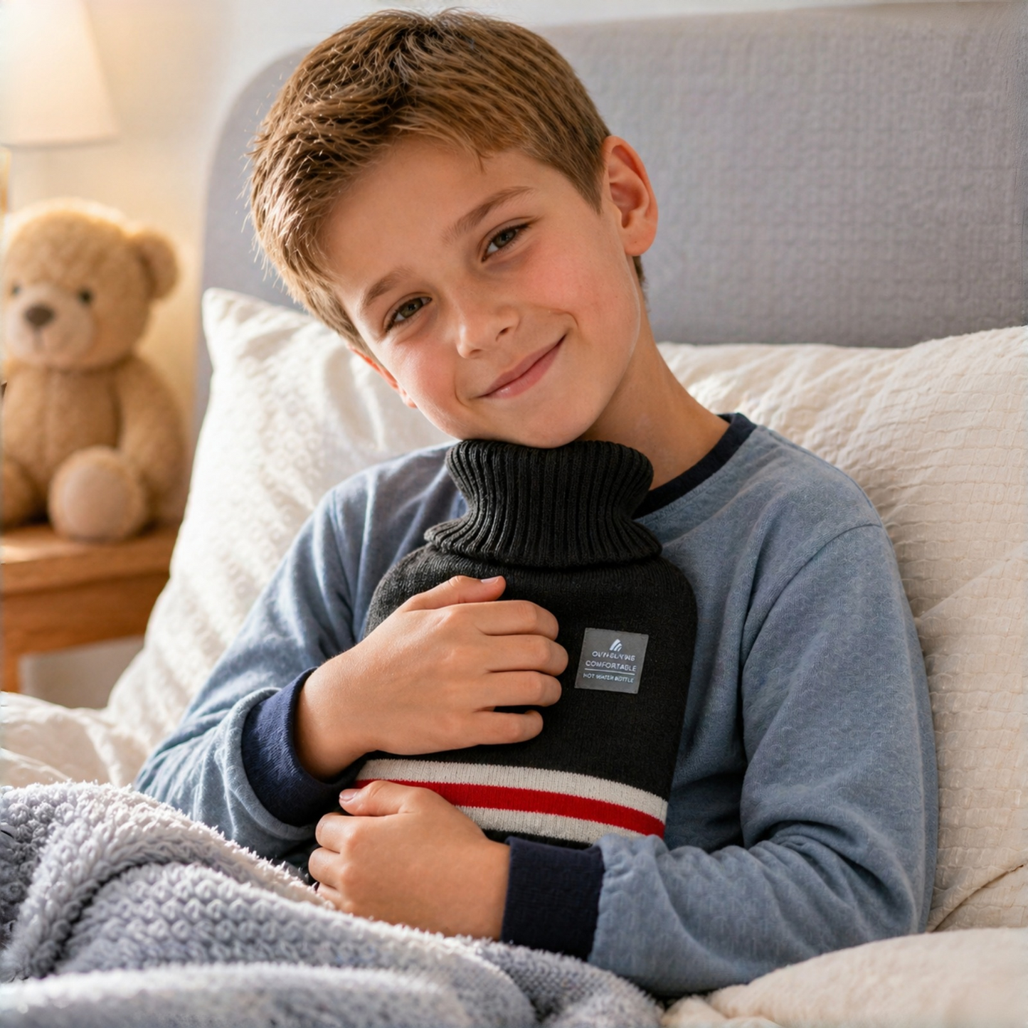 1L Hot Water Bottle with Striped Knit Cover – Compact PVC Hot Water Bag for Everyday Warmth & Comfort