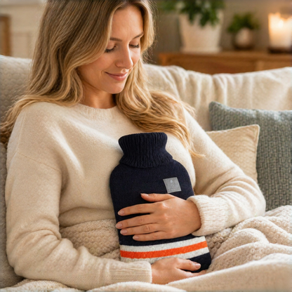 1L Hot Water Bottle with Striped Knit Cover – Compact PVC Hot Water Bag for Everyday Warmth & Comfort