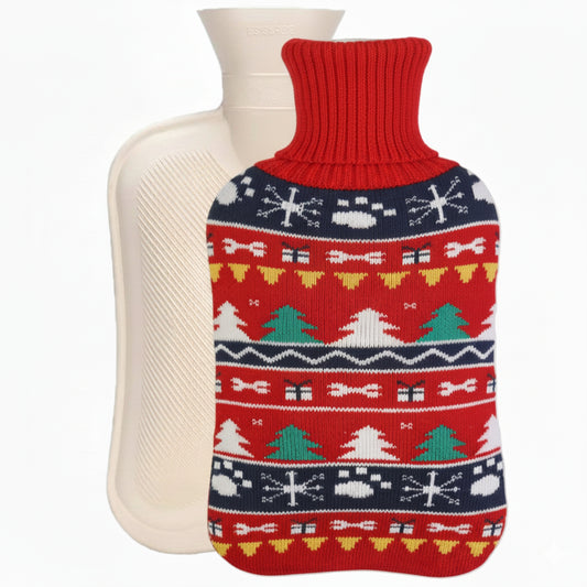 Christmas Hot Water Bottle with Knit Cover, Winter Gift for Warmth & Pain Relief - OliviaLiving