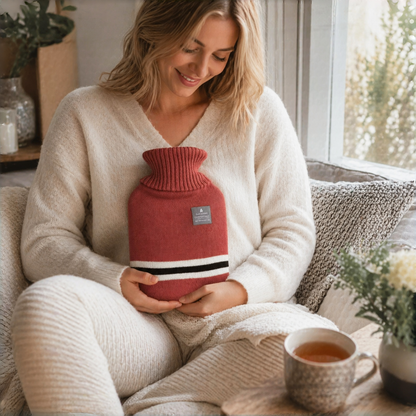 1L Hot Water Bottle with Striped Knit Cover – Compact PVC Hot Water Bag for Everyday Warmth & Comfort