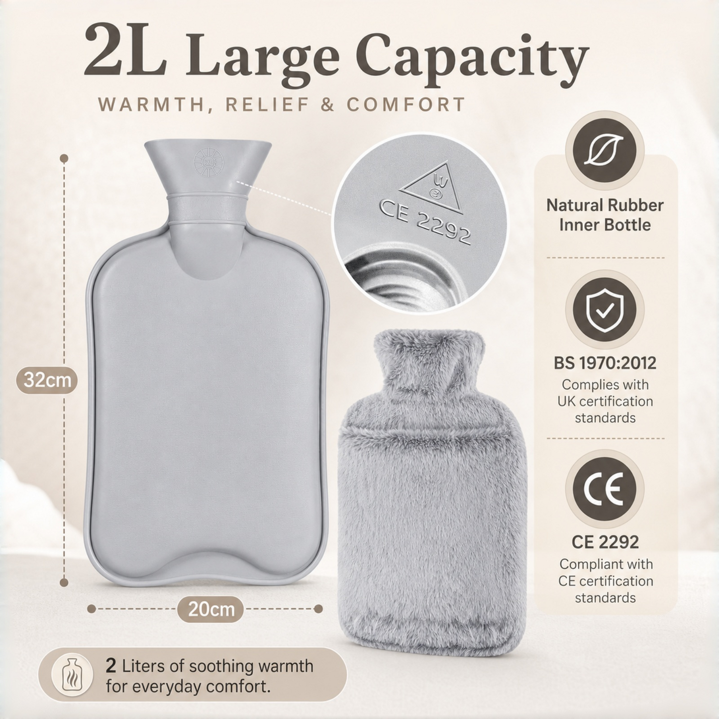 2L Hot Water Bottle with Hand Pocket & Soft Plush Cover