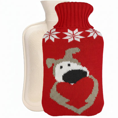 2L Hot Water Bottle with Red Puppy Knit Cover