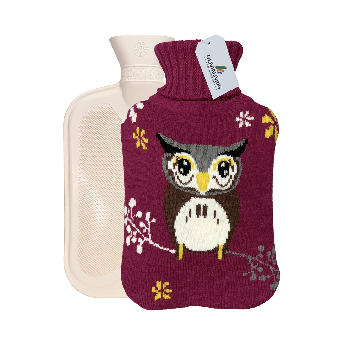 OliviaLiving Hot Water Bottle with Purple Owl Knit Cover, 2L