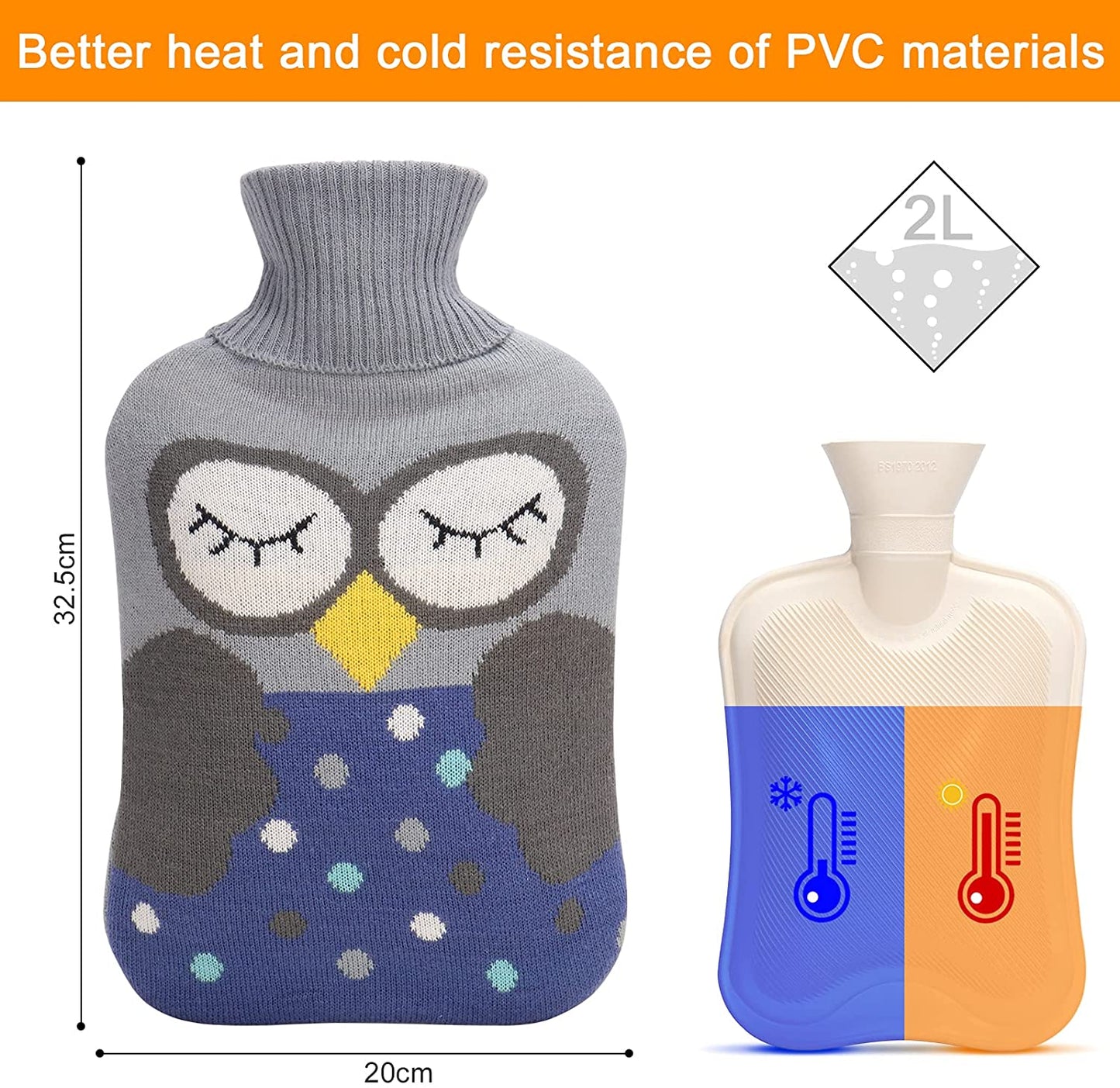 2L Hot Water Bottle with Knit Owl Cover