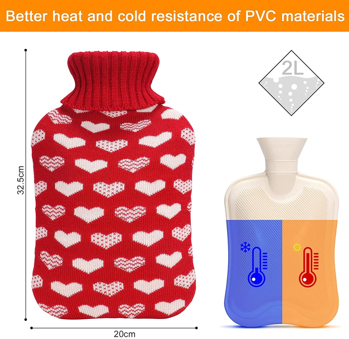 OliviaLiving Hot Water Bottle with Love Pattern Cover for Pain Relief, 2L