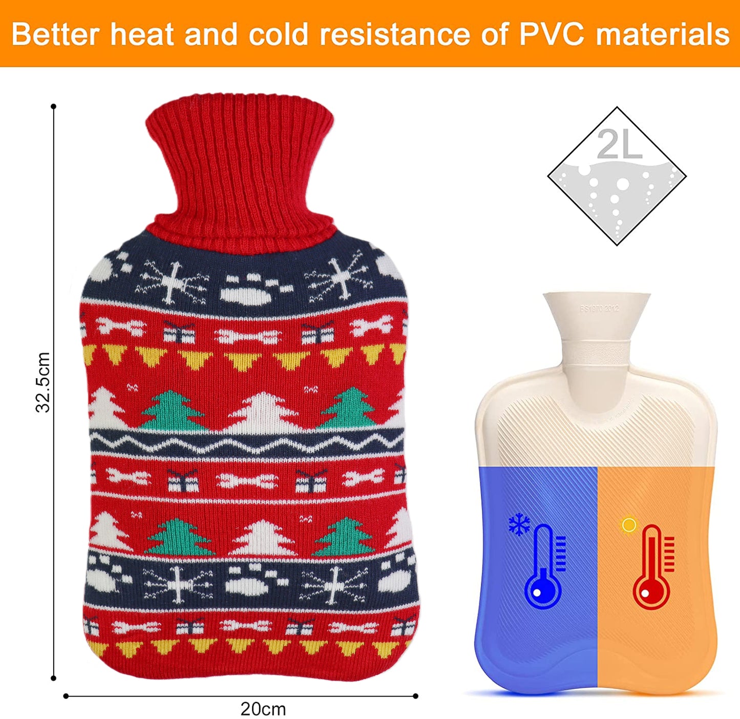 Christmas Hot Water Bottle with Knit Cover, Winter Gift for Warmth & Pain Relief - OliviaLiving