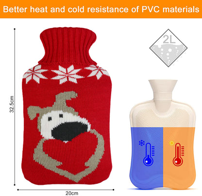 2L Hot Water Bottle with Red Puppy Knit Cover