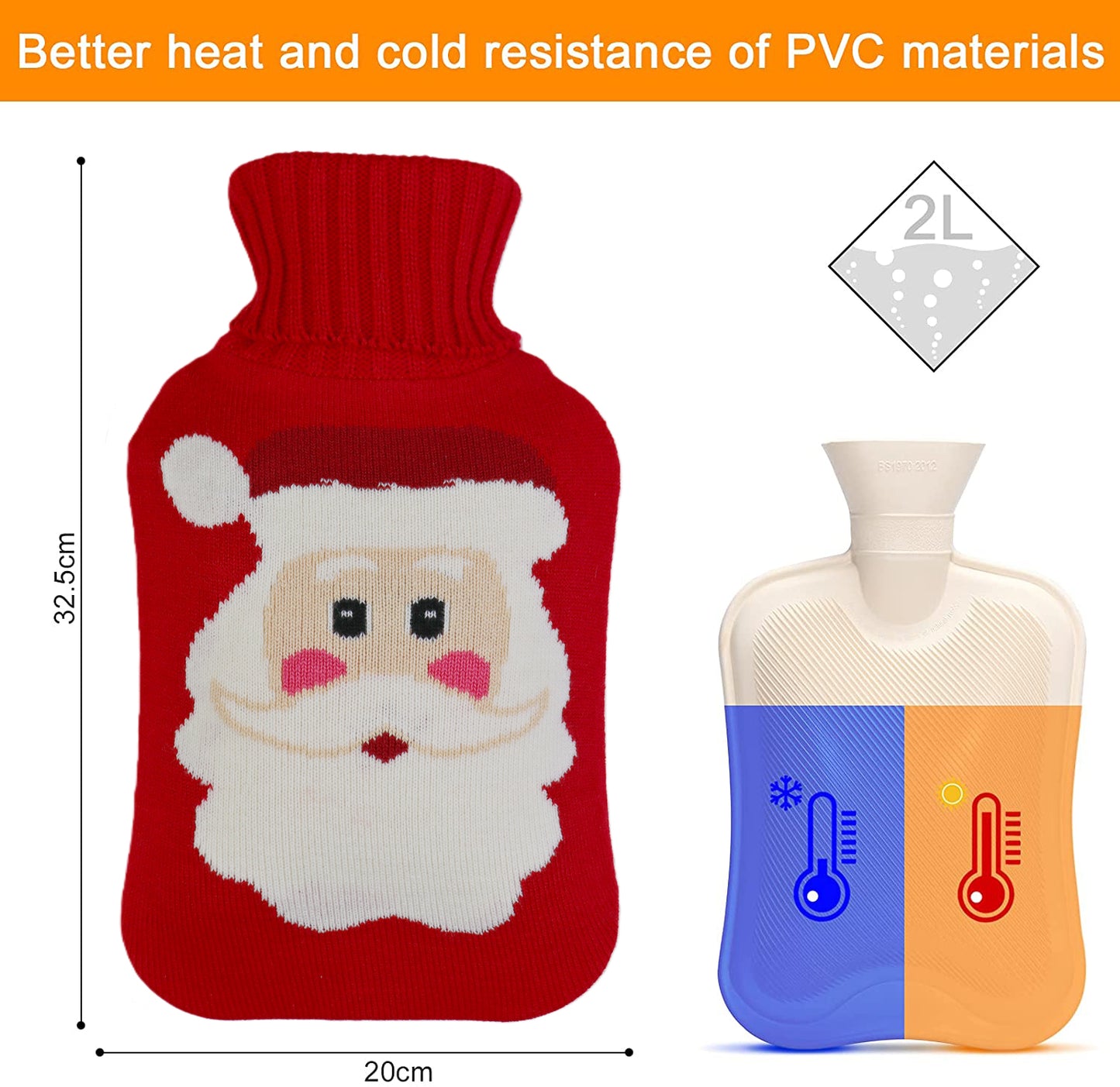 Cozy Nights Hot Water Bottle with Santa Claus Knitted Cover, 2L