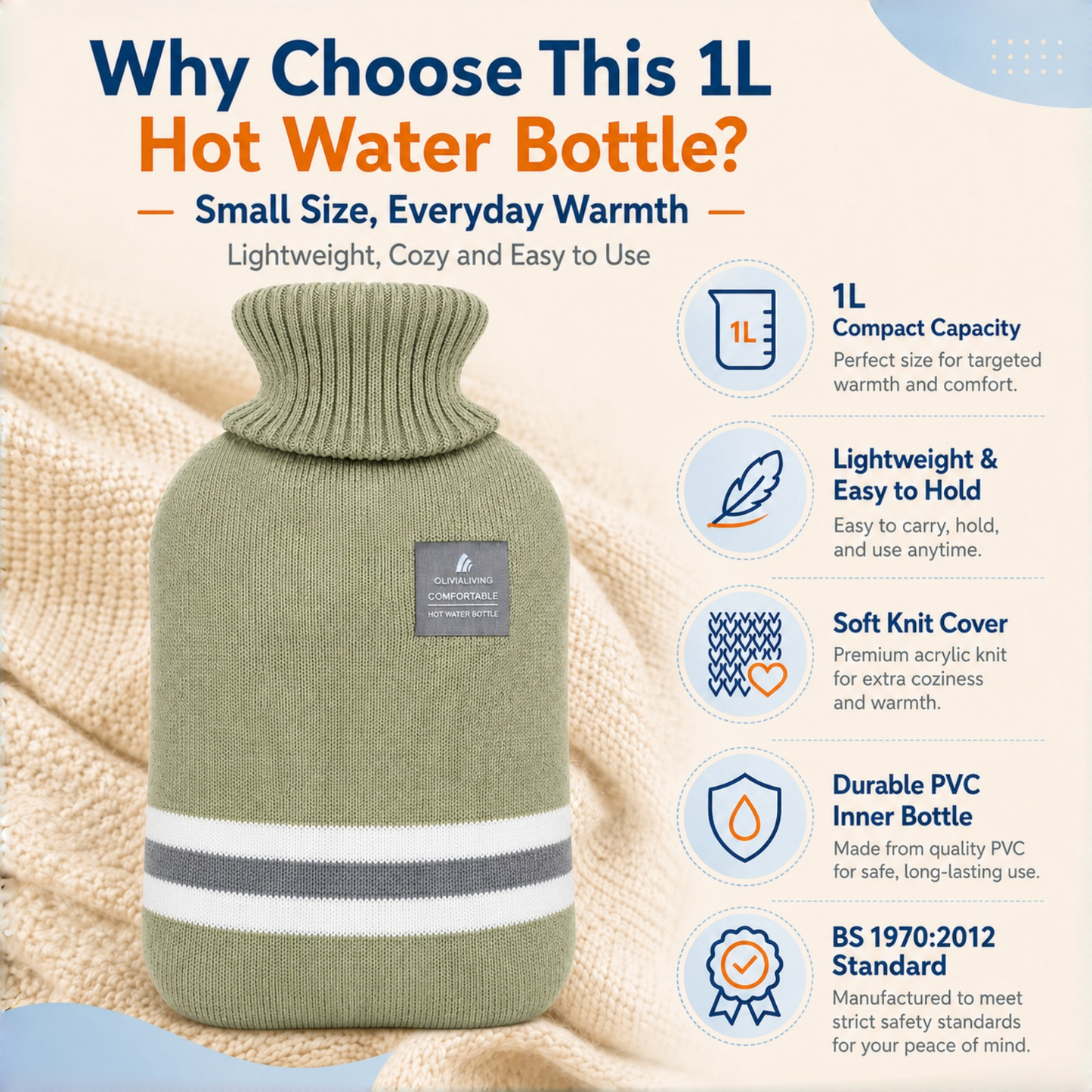 1L Hot Water Bottle with Striped Knit Cover – Compact PVC Hot Water Bag for Everyday Warmth & Comfort