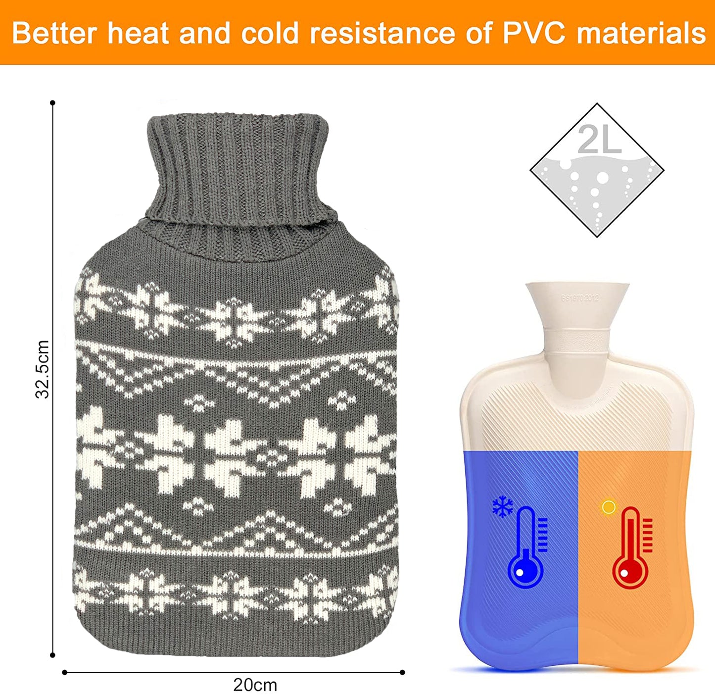 2L Hot Water Bottle with Knit Snowflake Cover