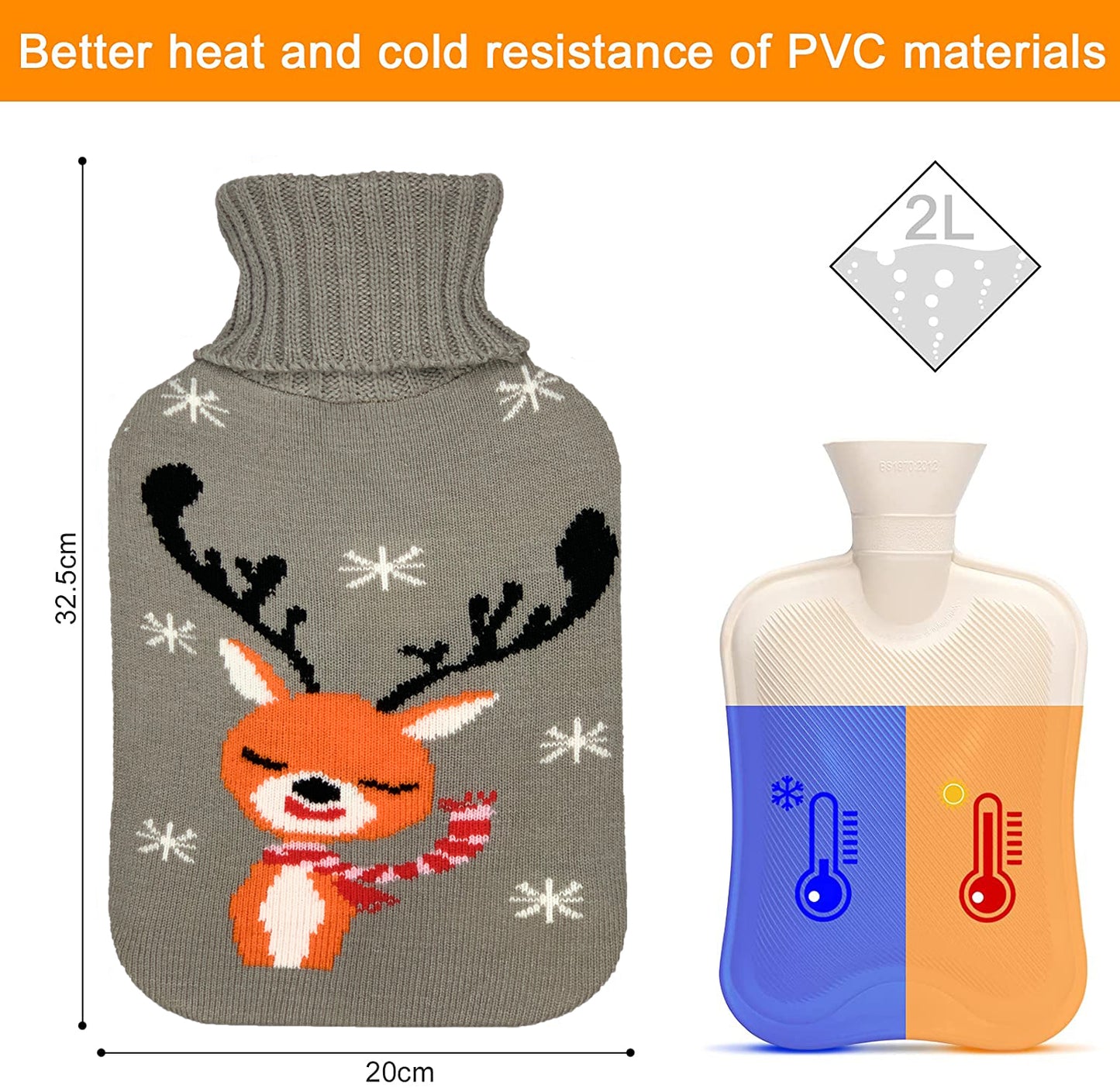 2L Hot Water Bottle with Christmas Deer Knit Cover